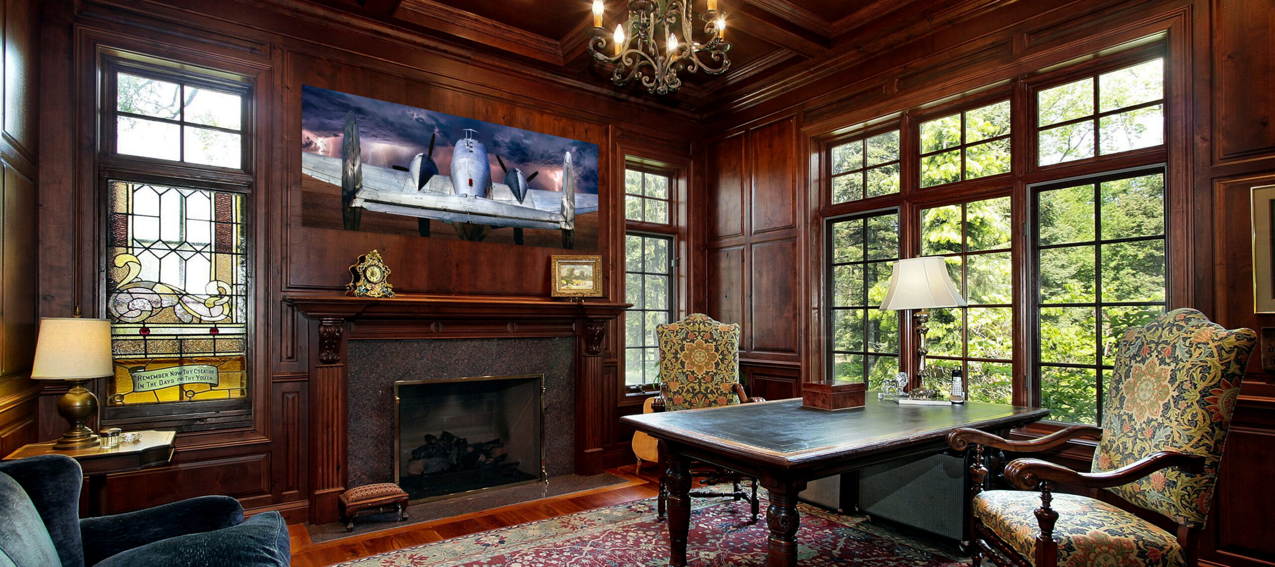 Office,With,Wood,Paneling,And,Fireplace