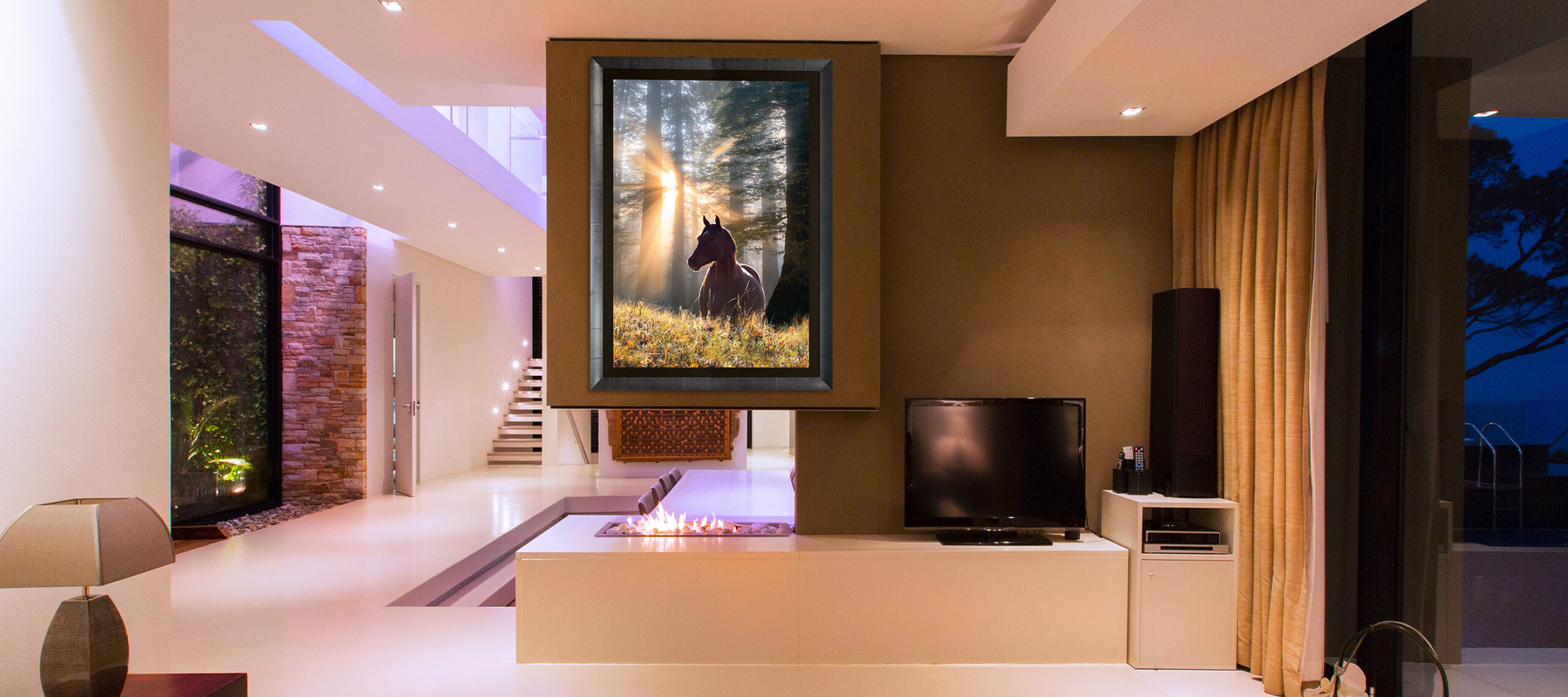 View,Of,Fireplace,In,Luxurious,Living,Room,During,Night
