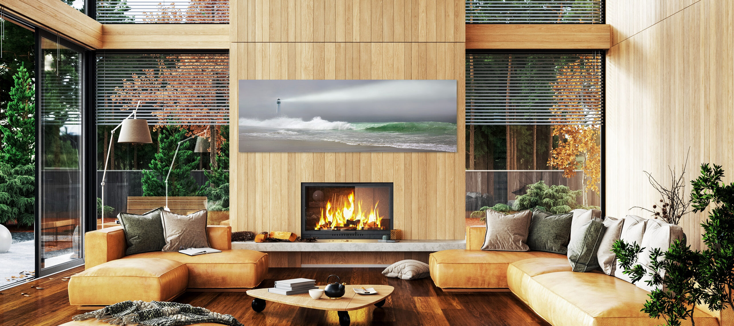 Modern,Interior,With,Fireplace,In,House,Near,Forest,,3d,Render