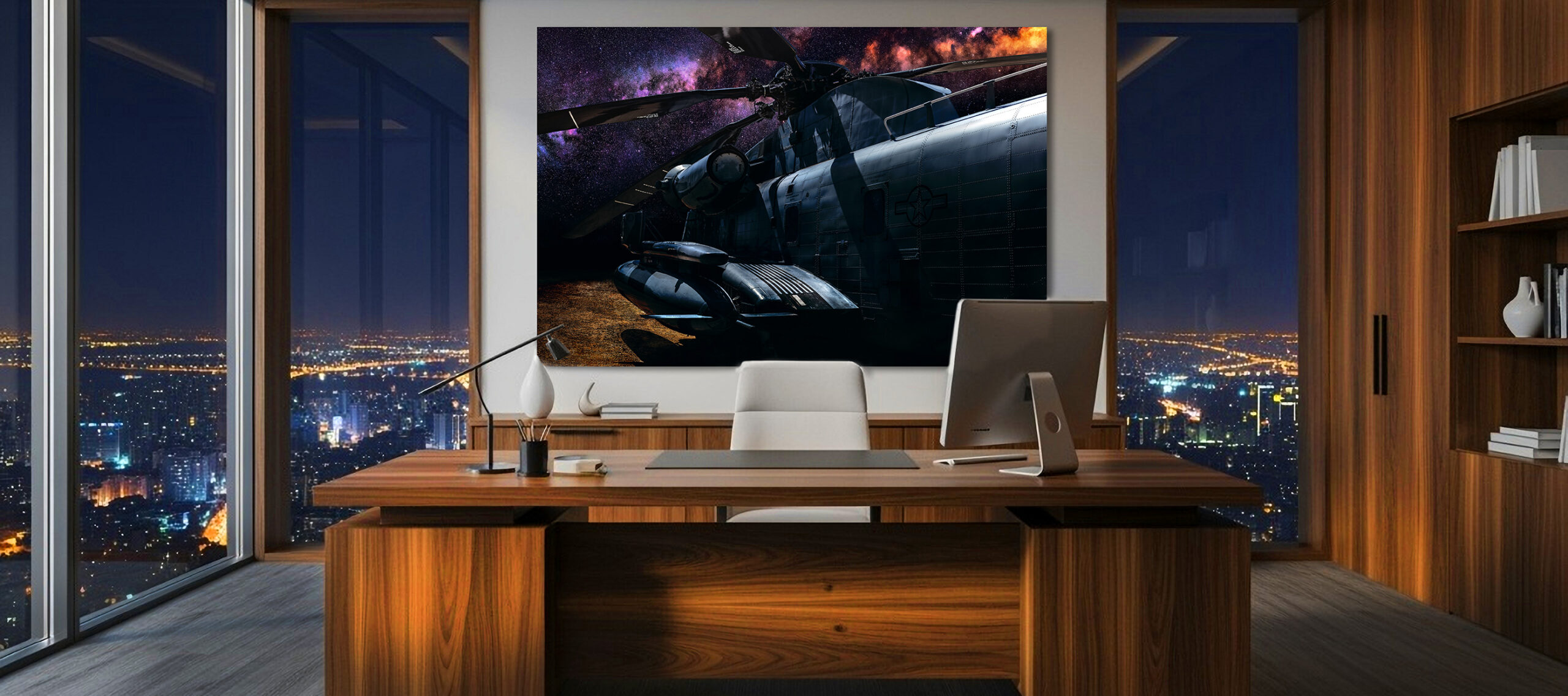 Big,Wood,Office,Desk,In,Middle,With,Blank,Wall,Behind