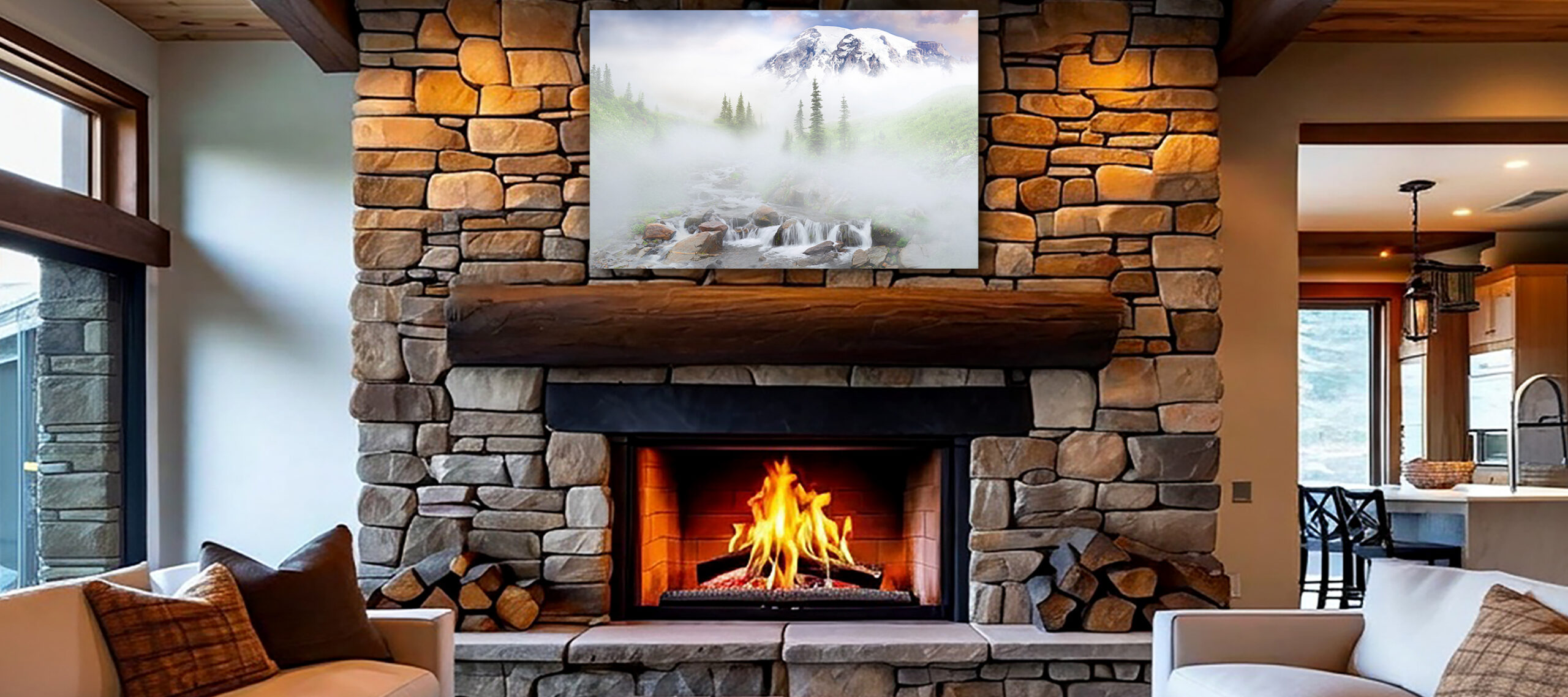 Interior,Stone,Fireplace,With,Fire,Going,Facing,Straight,Big,Couch