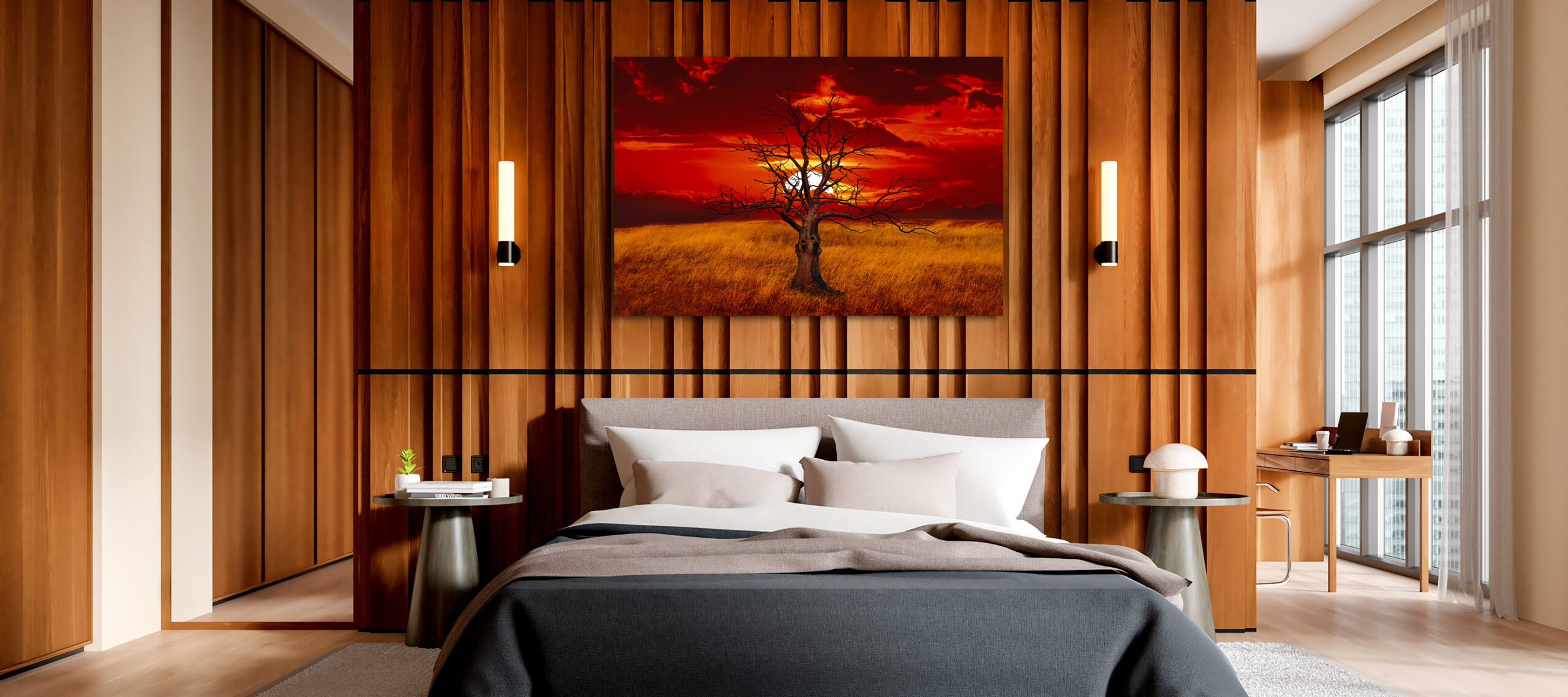 Wooden,Home,Bedroom,Interior,With,Bed,,Room,Divider,And,Work