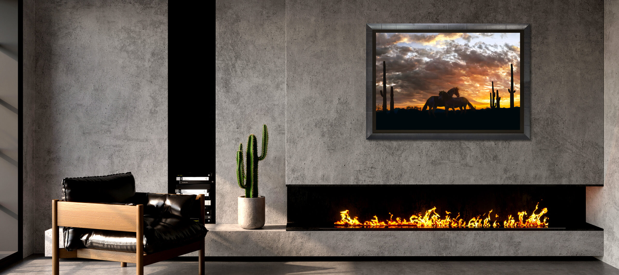 Minimalist,Living,Room,Interior,With,Modern,Fireplace,And,Concrete,Walls.