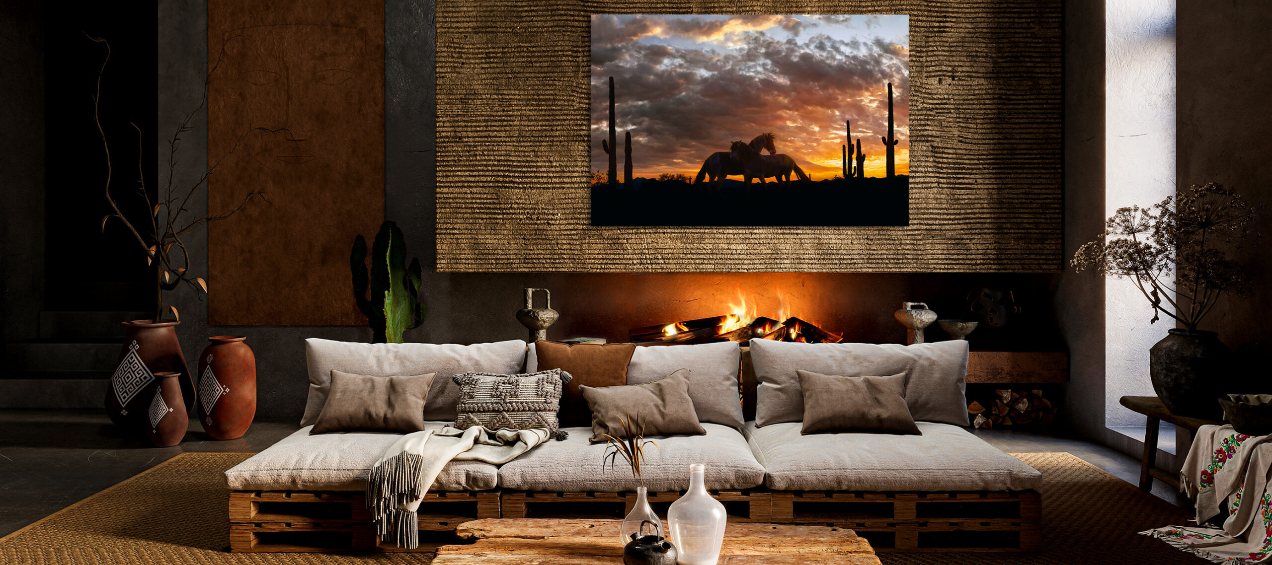 Dark,Wabi,Sabi,Style,Interior,With,Fireplace,And,Dark,Concrete