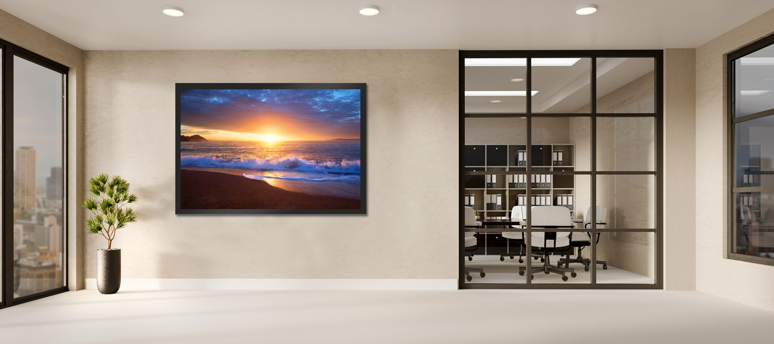Minimal,Modern,Office,Interior,With,Blank,Wall,Frame,Mockup,,Glass