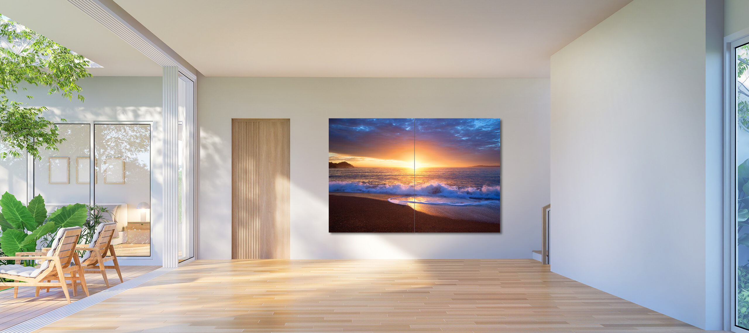 Modern,Contemporary,Empty,Room,With,Wooden,Terrace,Overlooking,Green,Lawn