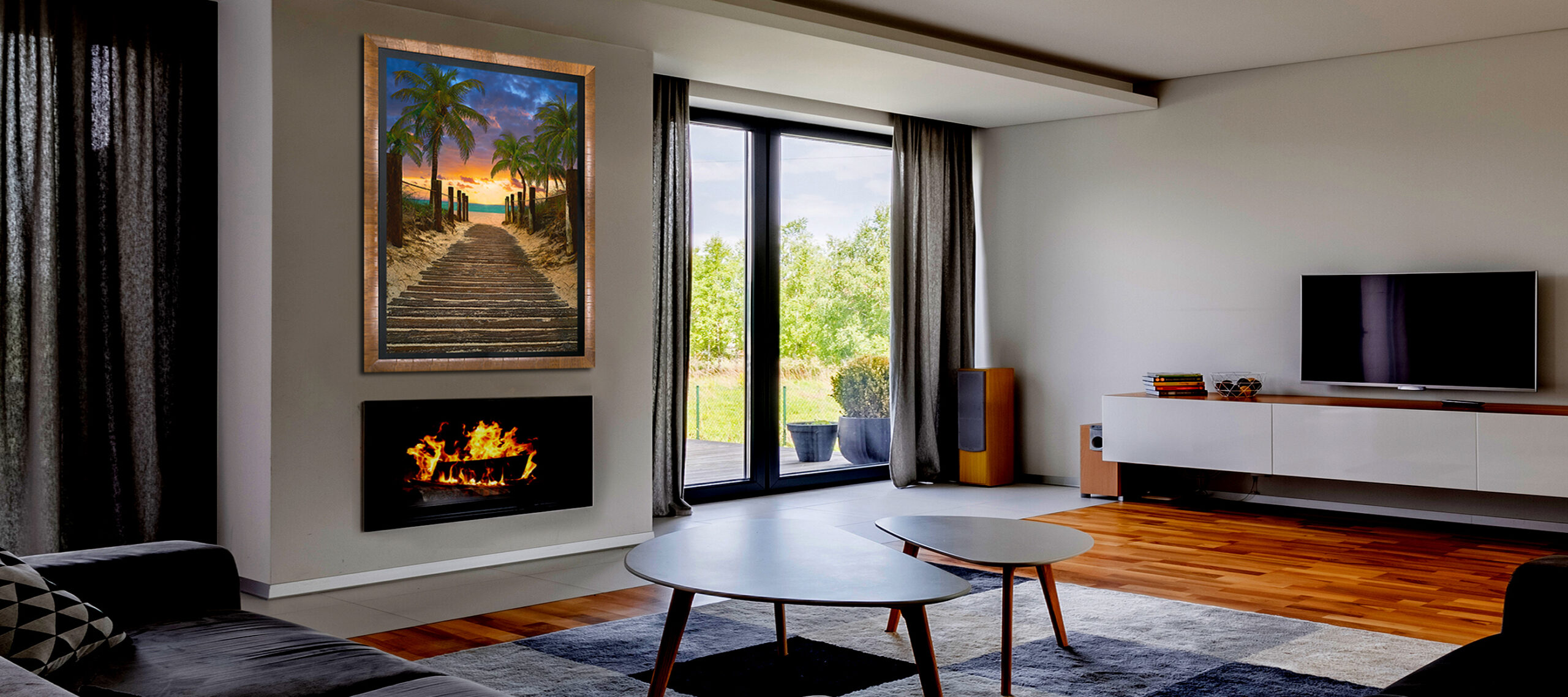 Panoramic,View,Of,Luxurious,Living,Room,With,Fireplace,,Tv,And